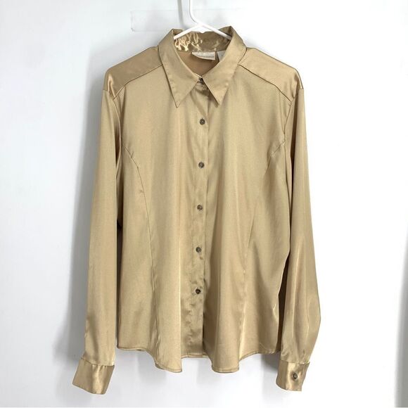 Christie & Jill Size 18 Gold Satin Button Front  Long Sleeve Blouse - Picture 1 of 10